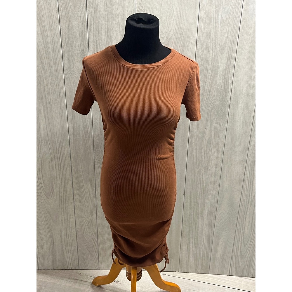 Zara Bodycon Dress Brown Ribbed Short‎ Sleeve Ruched Drawstring Mini Dress S
